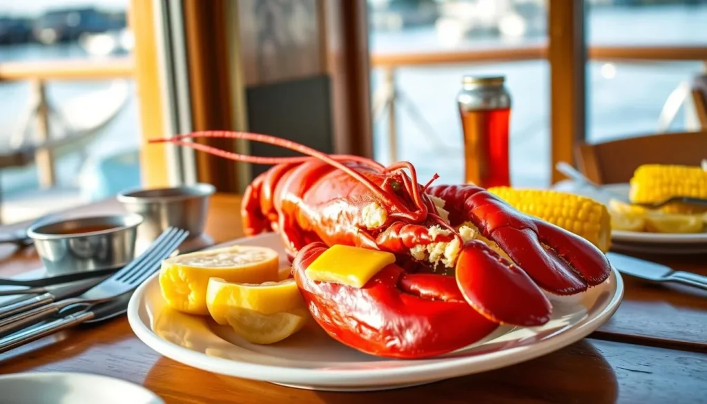 Fresh Maine lobster dinner served at a waterfront restaurant in Casco Bay Fresh Maine lobster dinner served at a waterfront restaurant in Casco Bay