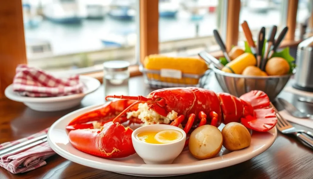 Fresh Maine lobster dinner with butter and sides at a Camden restaurant Fresh Maine lobster dinner with butter and sides at a Camden restaurant