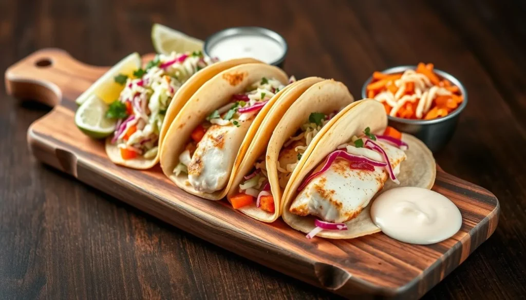 Fresh fish tacos with lime and colorful toppings, a San Diego specialty Fresh fish tacos with lime and colorful toppings, a San Diego specialty
