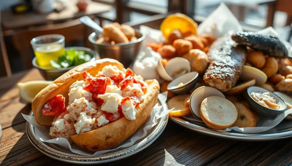 Fresh lobster roll and seafood platter from Plymouth Massachusetts restaurant Fresh lobster roll and seafood platter from Plymouth Massachusetts restaurant