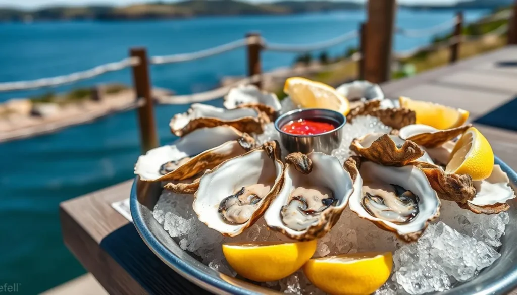 Fresh oysters being served at Hog Island Oyster Co. in Marshall with Tomales Bay views Fresh oysters being served at Hog Island Oyster Co. in Marshall with Tomales Bay views