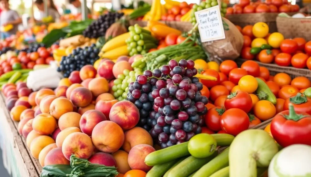 Fresh produce display at a Fresno County California farmers market with colorful fruits and vegetables Fresh produce display at a Fresno County California farmers market with colorful fruits and vegetables
