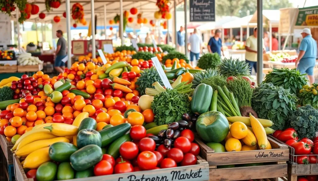Fresh produce display at the Modesto Certified Farmers Market in Stanislaus County