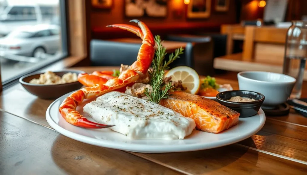 Fresh seafood dish featuring king crab and local specialties at a Dutch Harbor restaurant