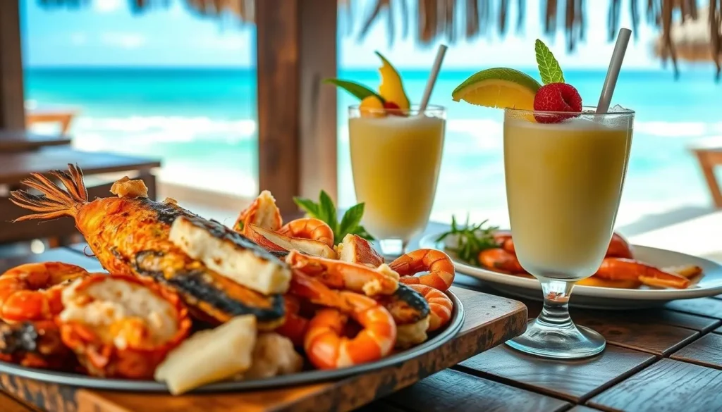Fresh seafood platter and pina coladas at Tropical Sunset restaurant