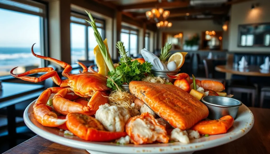 Fresh seafood platter at a Crescent City restaurant with ocean view Fresh seafood platter at a Crescent City restaurant with ocean view