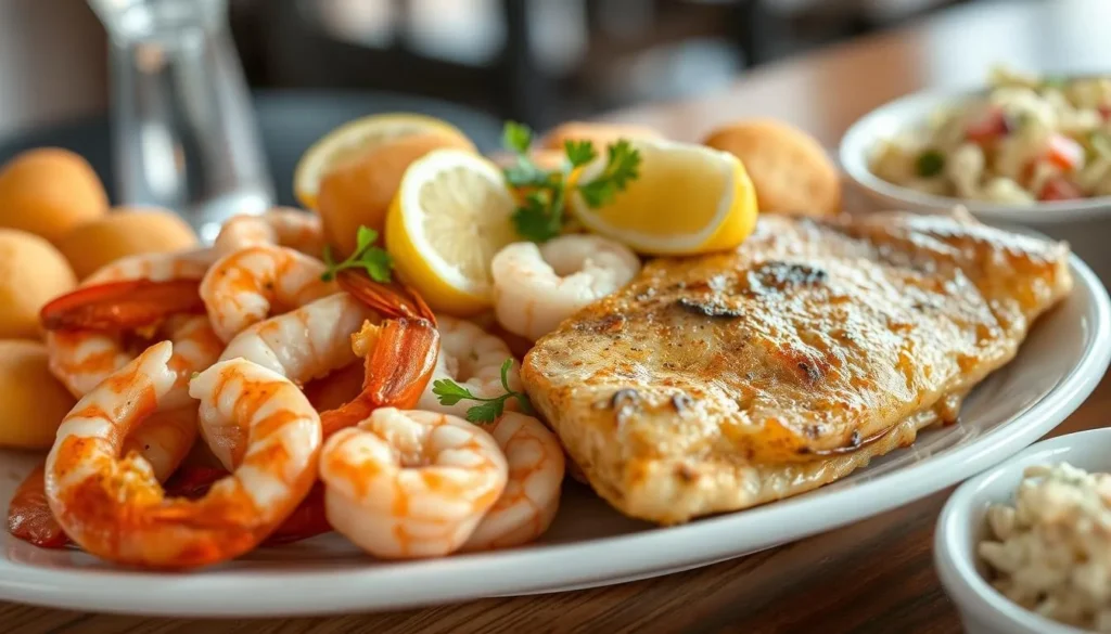 Fresh seafood platter at a Taylor County Florida restaurant with Gulf shrimp and scallops Fresh seafood platter at a Taylor County Florida restaurant with Gulf shrimp and scallops