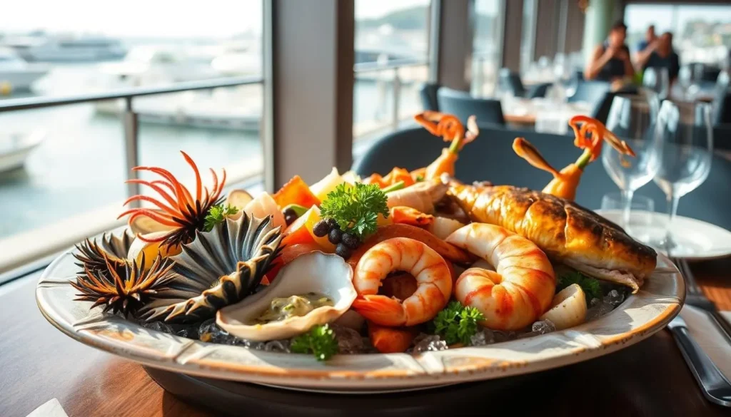 Fresh seafood platter at a waterfront restaurant in Santa Barbara Harbor Fresh seafood platter at a waterfront restaurant in Santa Barbara Harbor
