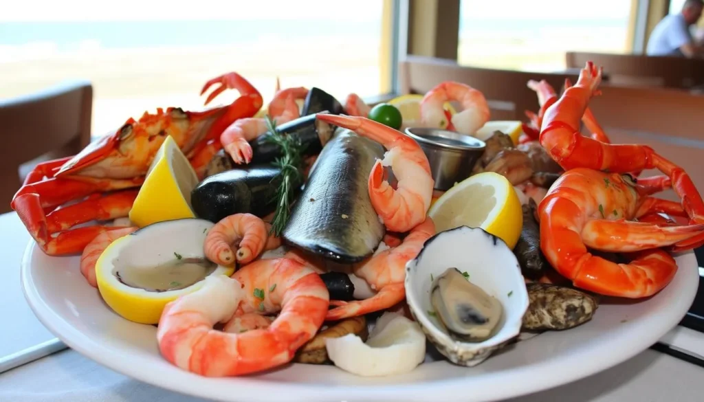 Fresh seafood platter at an Ocean City Delaware restaurant with ocean view Fresh seafood platter at an Ocean City Delaware restaurant with ocean view
