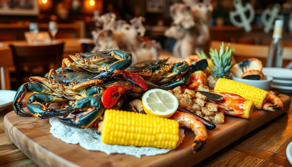 Fresh seafood platter featuring Maryland blue crabs, corn on the cob, and local specialties at a restaurant near Bethel, Delaware Fresh seafood platter featuring Maryland blue crabs, corn on the cob, and local specialties at a restaurant near Bethel, Delaware