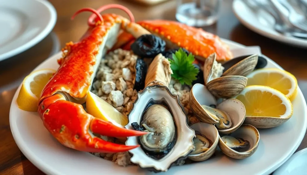 Fresh seafood platter with Dungeness crab, oysters, and clams at a Monterey restaurant