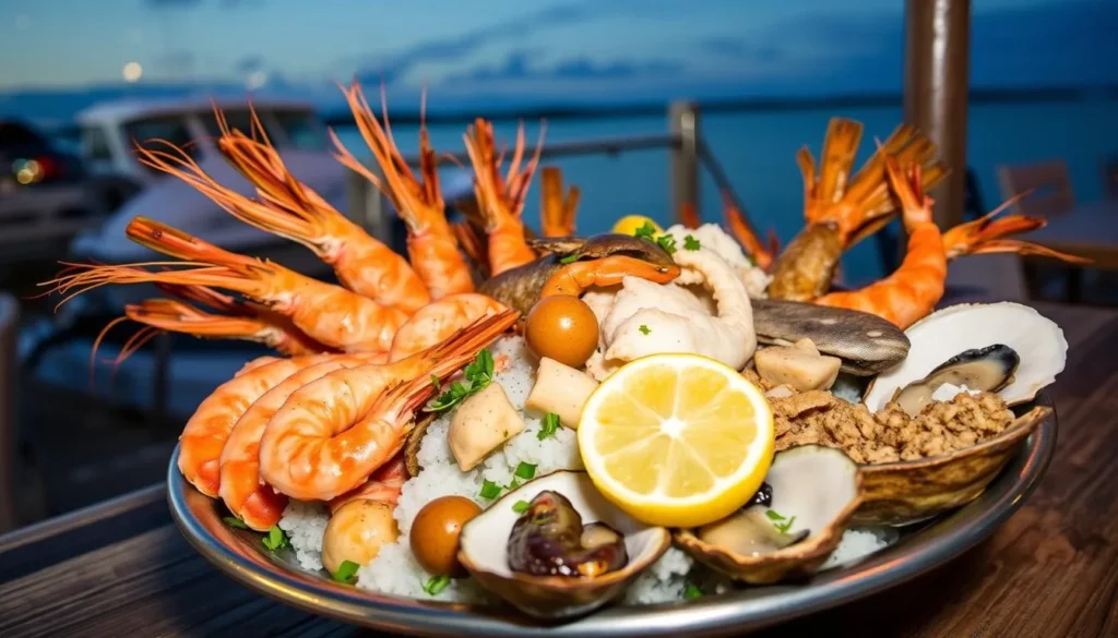 Fresh seafood platter with Gulf shrimp and fish at waterfront restaurant in Okaloosa County Fresh seafood platter with Gulf shrimp and fish at waterfront restaurant in Okaloosa County