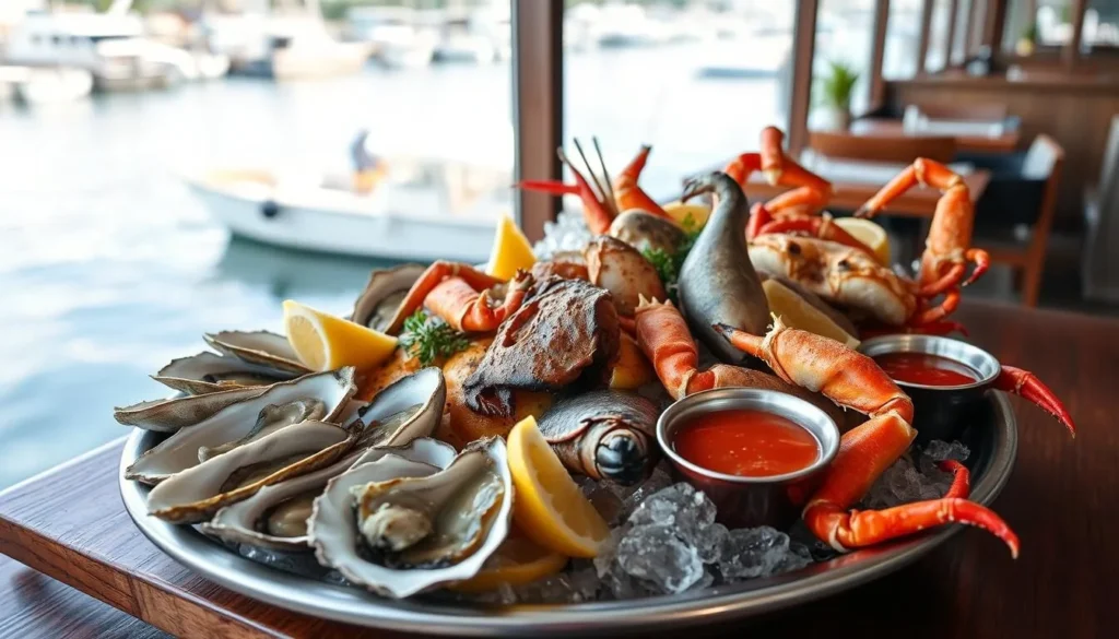 Fresh seafood platter with Humboldt Bay oysters, Dungeness crab, and local fish at a waterfront restaurant Fresh seafood platter with Humboldt Bay oysters, Dungeness crab, and local fish at a waterfront restaurant