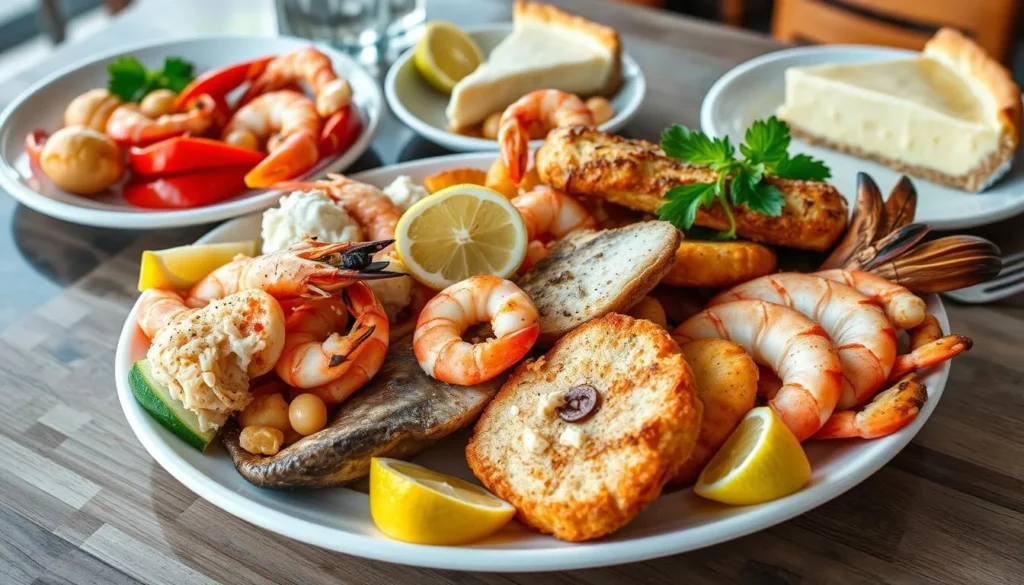 Fresh seafood platter with Key lime pie in Monroe County, Florida Fresh seafood platter with Key lime pie in Monroe County, Florida
