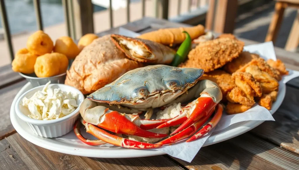 Fresh seafood platter with local Knotts Island, North Carolina specialties including blue crabs and fish Fresh seafood platter with local Knotts Island, North Carolina specialties including blue crabs and fish