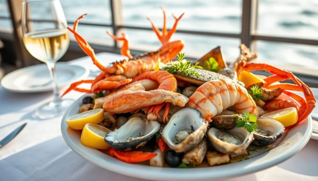 Fresh seafood platter with ocean view at a Santa Cruz waterfront restaurant Fresh seafood platter with ocean view at a Santa Cruz waterfront restaurant