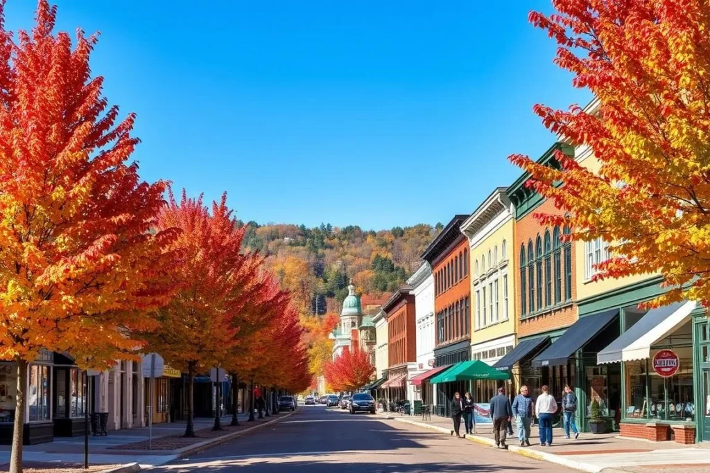 Galena's Main Street in autumn with colorful fall foliage and historic buildings Galena's Main Street in autumn with colorful fall foliage and historic buildings