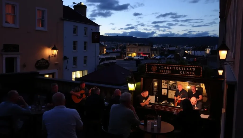 Galway Cityscape at dusk with traditional Irish music session in a cozy pub