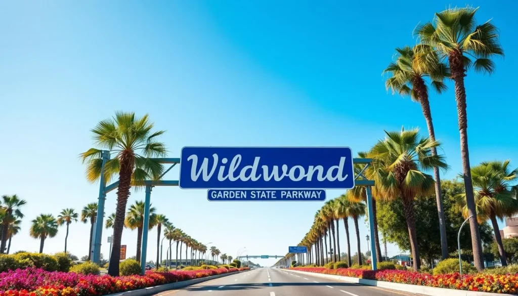 Garden State Parkway entrance to Wildwood with welcome sign Garden State Parkway entrance to Wildwood with welcome sign
