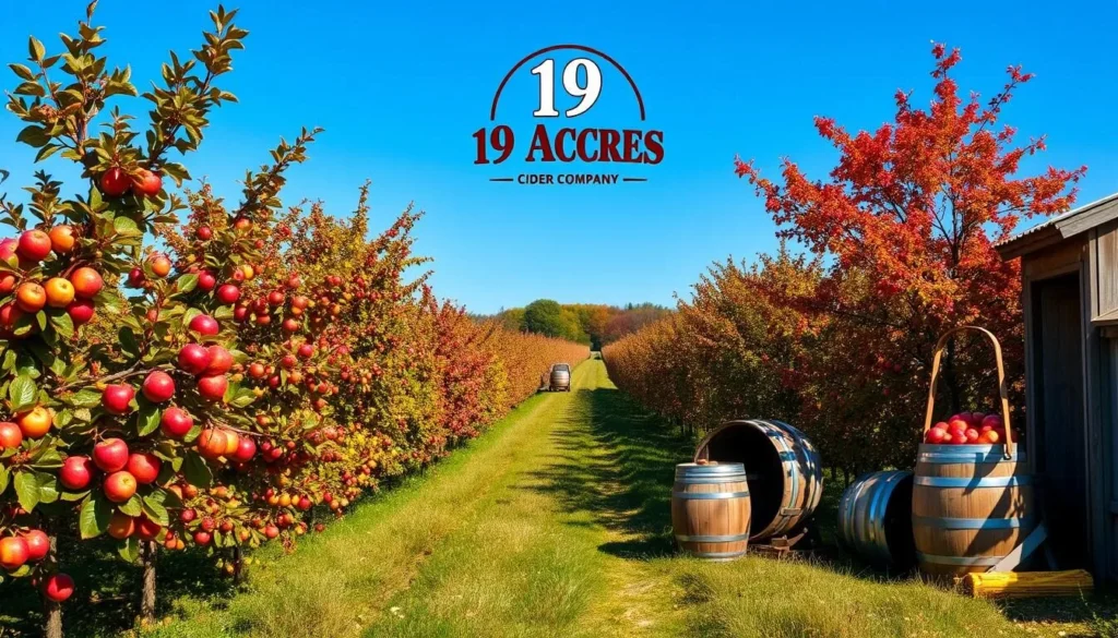 Generate an image of 19 Acres Cider Company's orchard during the fall season.