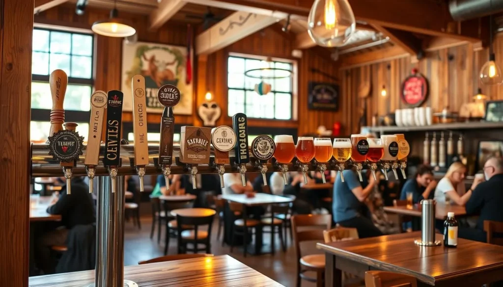 Generate an image of 2 Towns Ciderhouse's tasting room with 14 cider taps