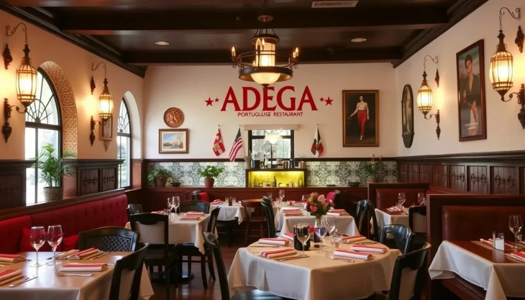 Generate an image of ADEGA Portuguese Restaurant's interior, showcasing its cozy ambiance and traditional Portuguese decor.