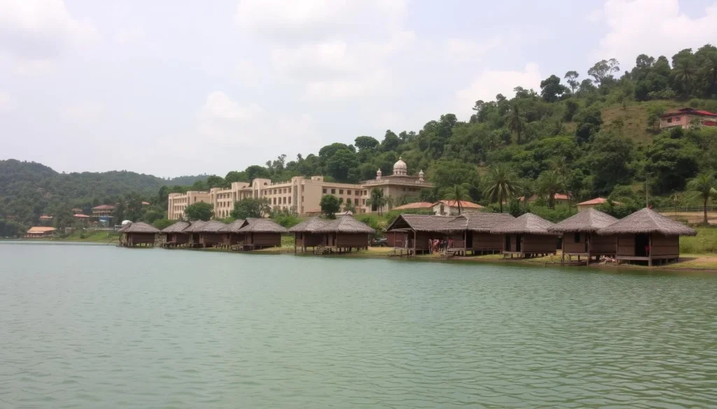 Generate an image of Abakaliki Green Lake with small huts along its shores and governmental buildings in the background.