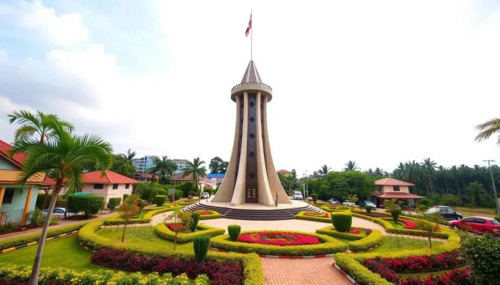 Generate an image of Abia Tower in Umuahia, Nigeria, with beautifully landscaped surroundings.