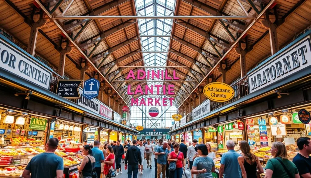 Generate an image of Adelaide Central Market's bustling interior with various food stalls.