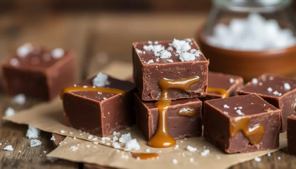 Generate an image of Afterglow's raw chocolate salted caramel fudge