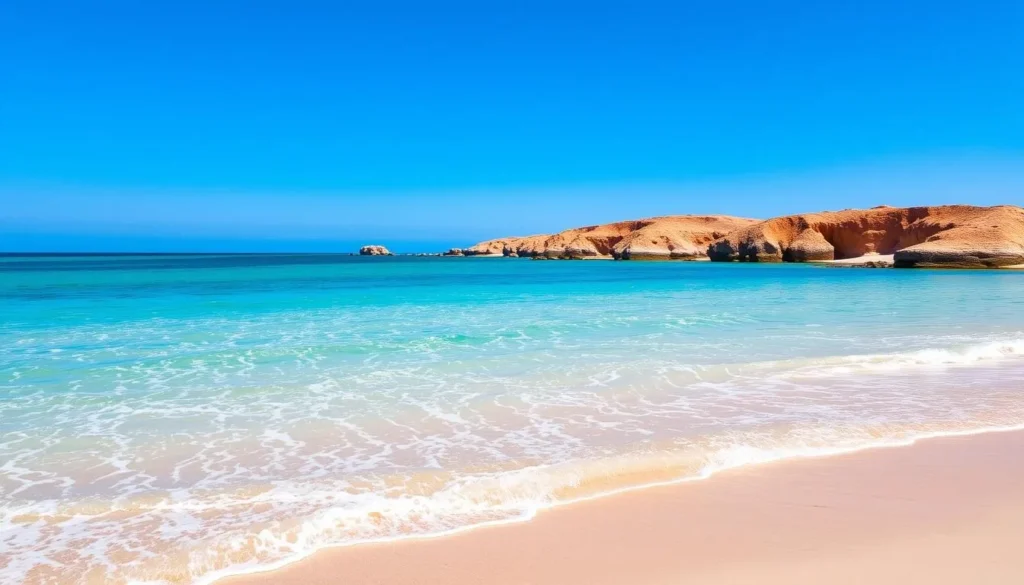 Generate an image of Agadir's beautiful beach with crystal-clear waters and powdery sand.