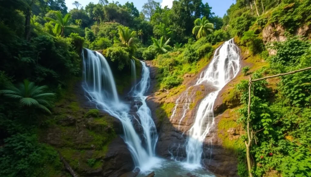 Generate an image of Agbokim Waterfalls with its seven streams cascading down.