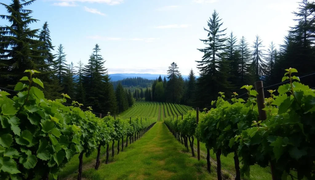 Generate an image of Airlie Winery's vineyard in a coastal fir forest