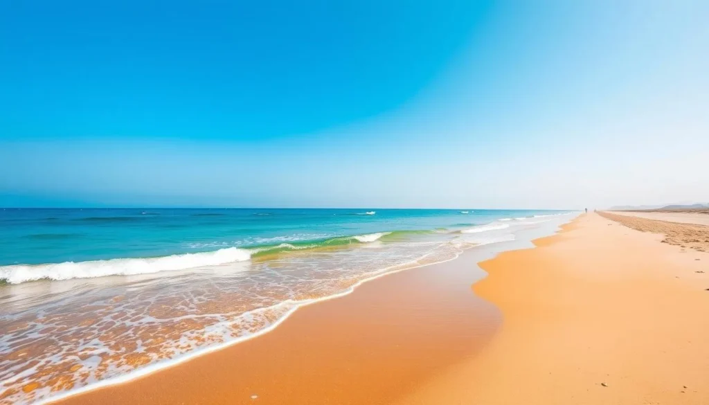 Generate an image of Al Jazair Beach with golden sands and crystal-clear waters.