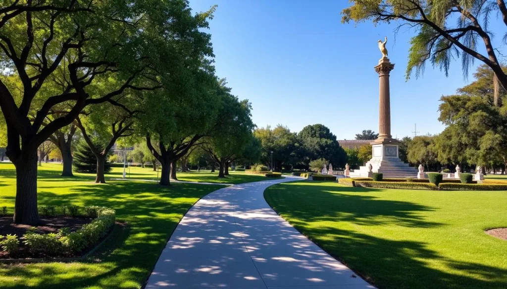 Generate an image of Alameda Zaragoza Park with lush green spaces, walking paths, and historic monuments.
