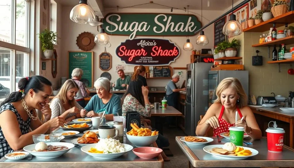 Generate an image of Alicia's Sugar Shack serving breakfast and lunch.