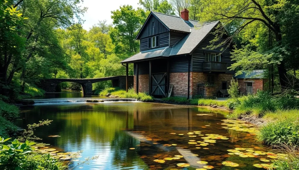 Generate an image of Alley Spring with its historic mill and surrounding waters.
