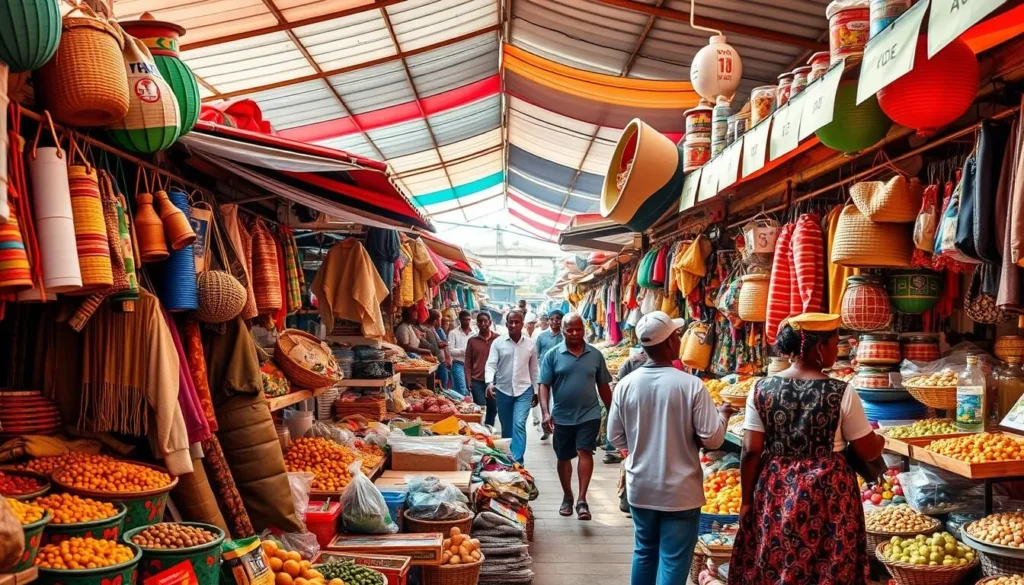 Generate an image of Analakely Market in Antananarivo, showcasing its bustling atmosphere and variety of local goods.