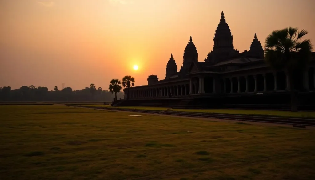 Generate an image of Angkor Wat at sunrise with the sun peeking over the horizon, casting a warm glow on the temple.
