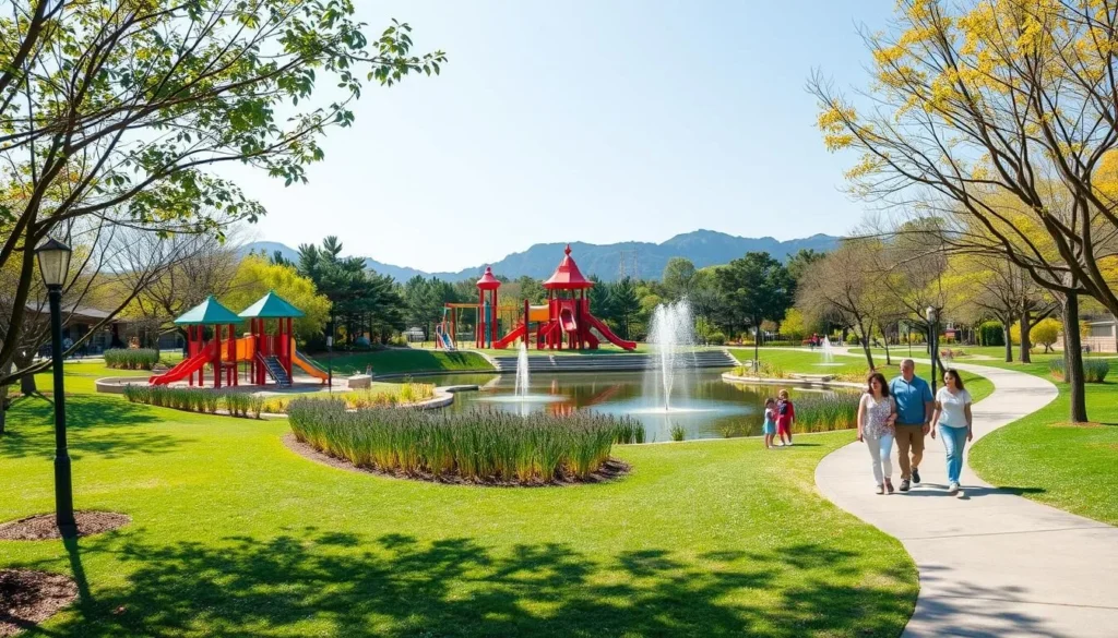 Generate an image of Ansan Central Park, showing families enjoying the playground, pond, and walking paths.