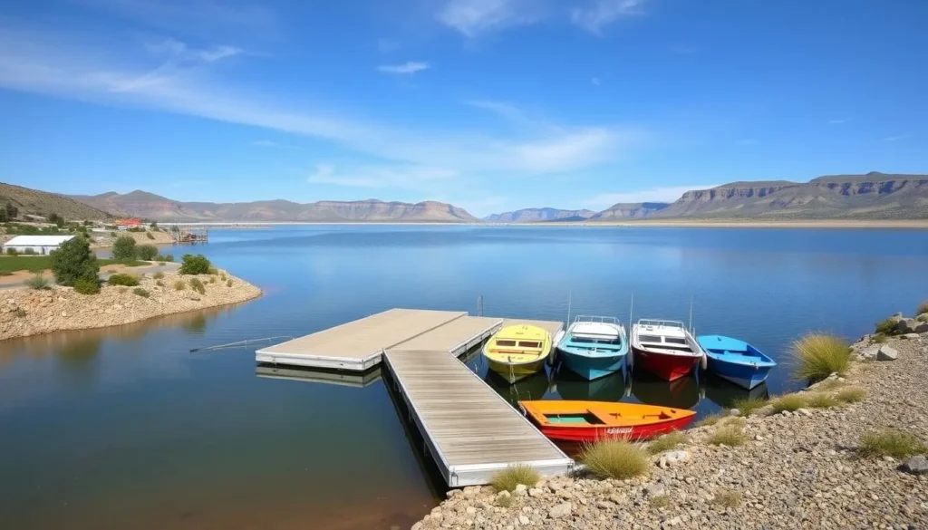 Generate an image of Antelope Lake with a boat ramp and several boats docked near it.