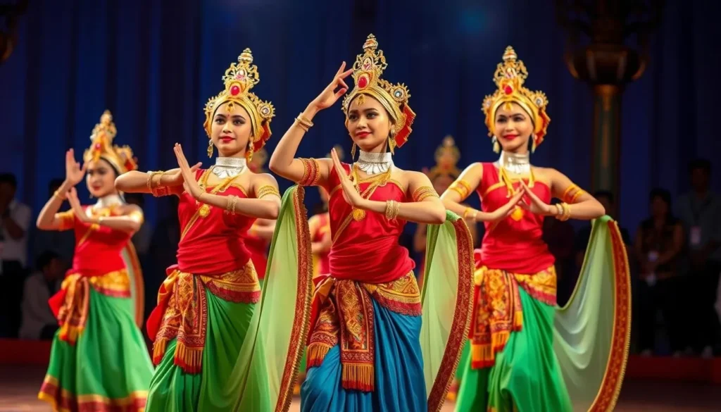 Generate an image of Apsara dance performers in traditional costumes