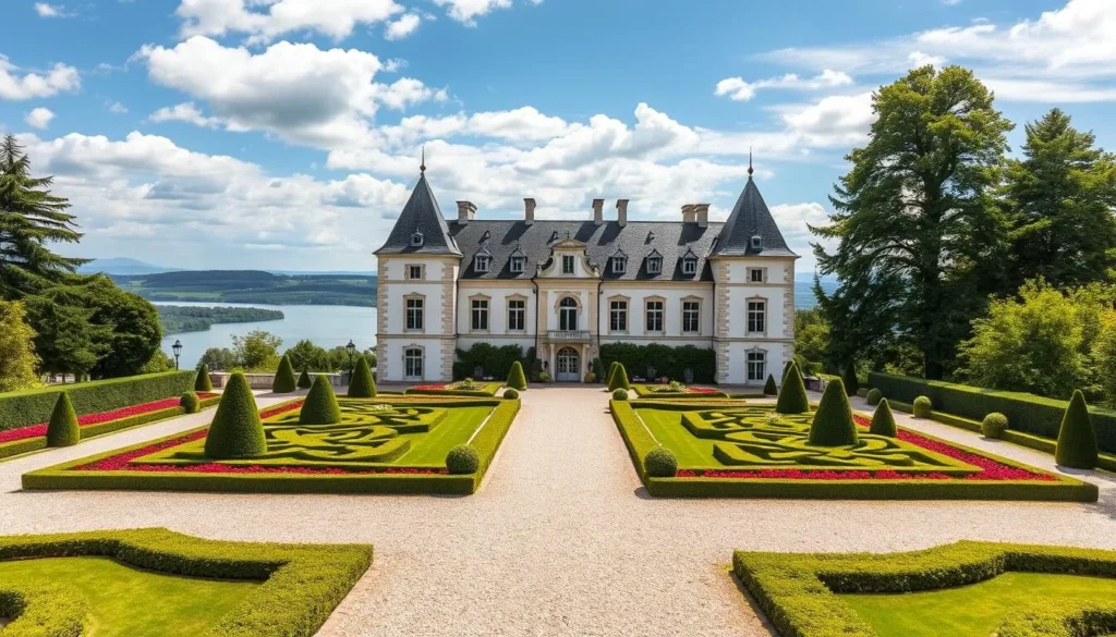 Generate an image of Arenenberg Castle with its beautifully manicured gardens and panoramic views of Lower Lake Constance.