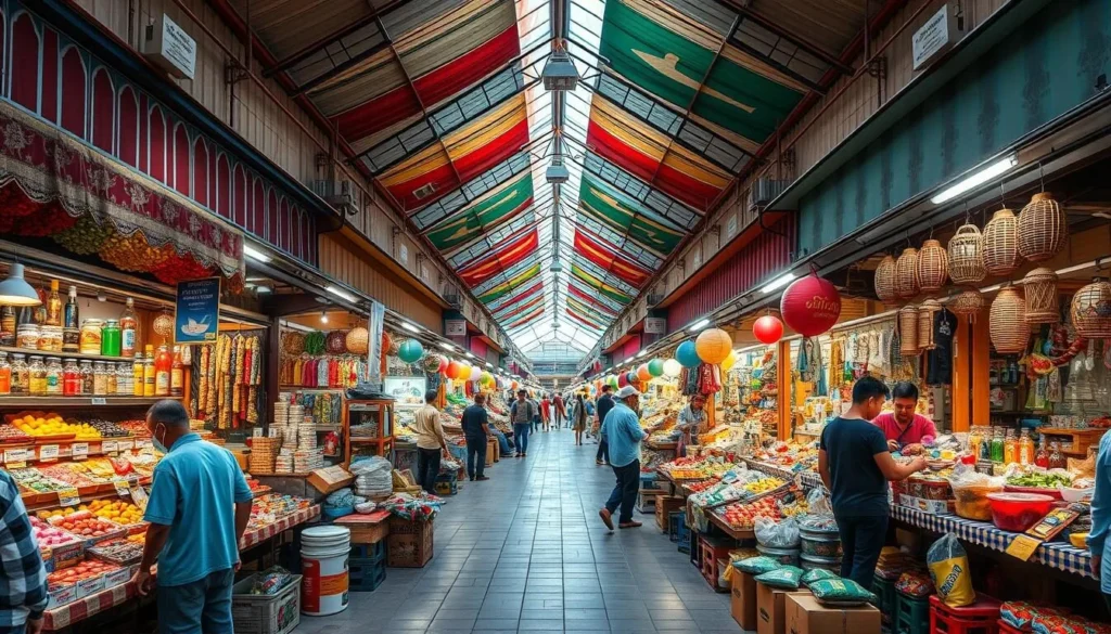 Generate an image of Ariaria International Market, showcasing its vibrant stalls and diverse products.