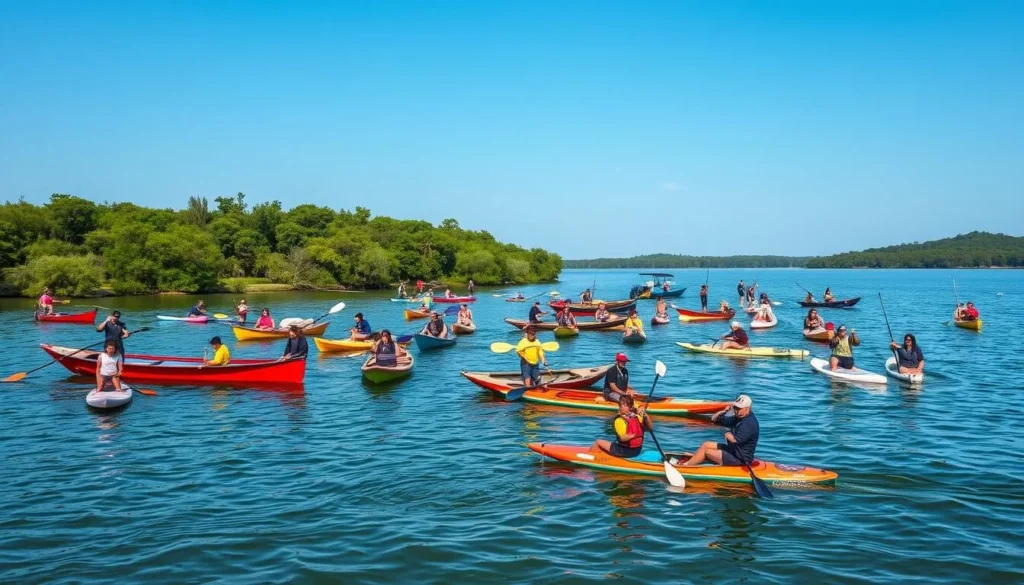 Generate an image of Arkabutla Lake with fishing boats and people enjoying water activities.