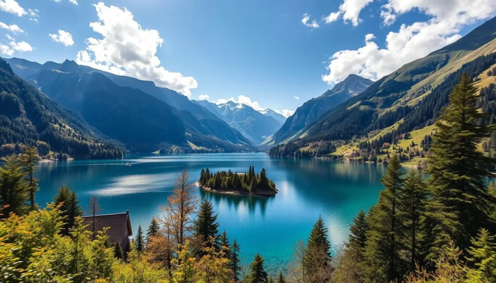 Generate an image of Arnisee lake in Uri, Switzerland, surrounded by mountains and lush greenery.