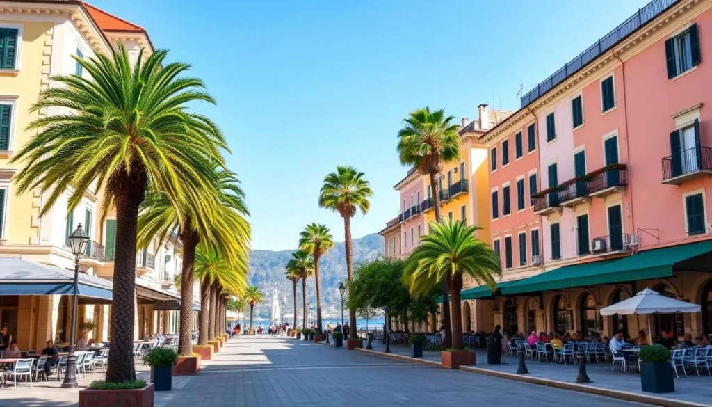 Generate an image of Ascona's picturesque lakeside promenade with pastel-colored facades, cafes, and palm trees.