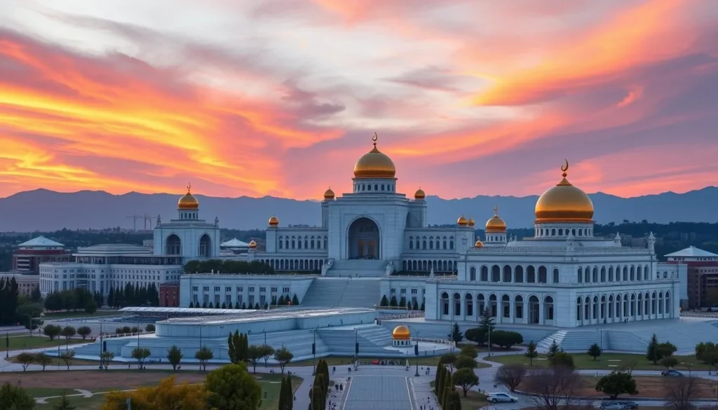 Generate an image of Ashgabat's skyline with its distinctive white marble buildings and golden domes.