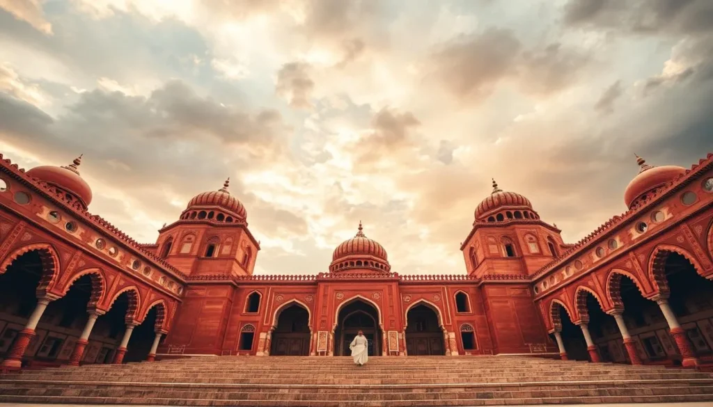 Generate an image of Assaraya al-Hamra, highlighting its distinctive red architecture and historical significance.