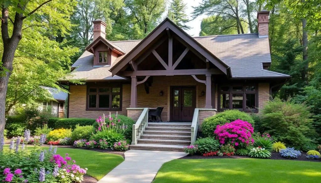 Generate an image of Aullwood Garden MetroPark's 1920s Arts & Crafts-style home surrounded by gardens.